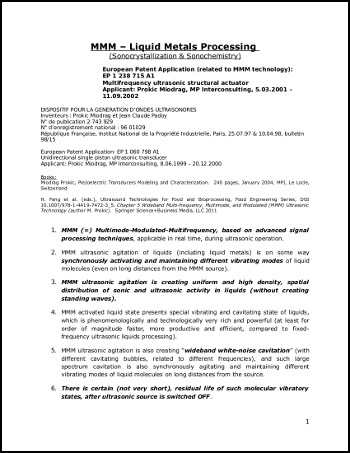 European Patent Application (related to MMM technology) EP 1 238 715 A1 Multifrequency ultrasonic structural actuator. Click on the image to download as pdf.